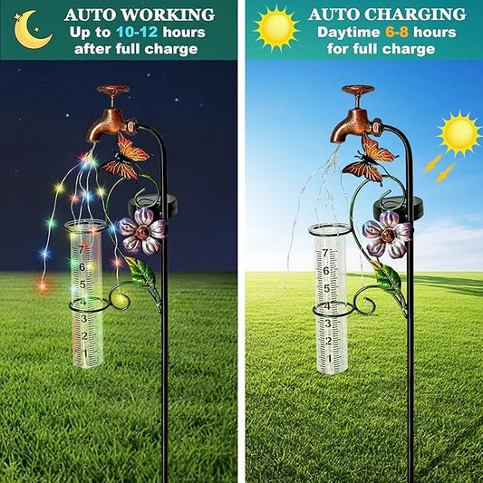 Decorative Rain Gauge Garden Stake with Butterfly and Flower Design, Copper Faucet Style, Metal Garden Decor