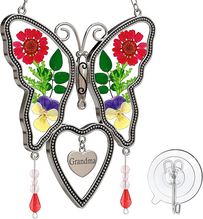 Suncatcher Grandma Butterfly Heart Shaped Glass Suncatcher with Pressed Flower Nana Gifts Wind Chimes with Real Flowers, Pendant Birthday Gifts for Grandma Mother`s Day Indoor Décor