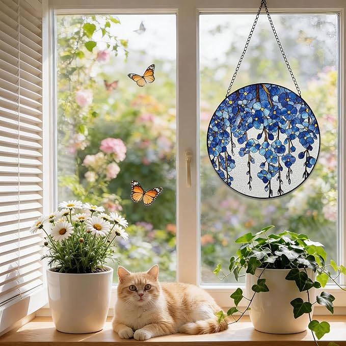 Stained Glass Window Hanging, 8 Inch Forget Me Not Flower Suncatcher, Sun Catchers Indoor Window, Blue Floral Suncatchers for Windows Hanging, Spring Home Garden Decor Panel Gifts for Mom Grandma Wife