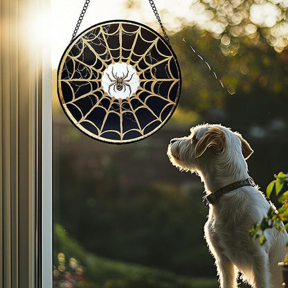 Stained Glass Window Hanging - Black Gold Spider Suncatcher for Door Terrace Garden Home Decor Halloween Sun Catcher Christmas Birthday Gifts for Lovers Women Men Dad Mom Nana 6.3 in