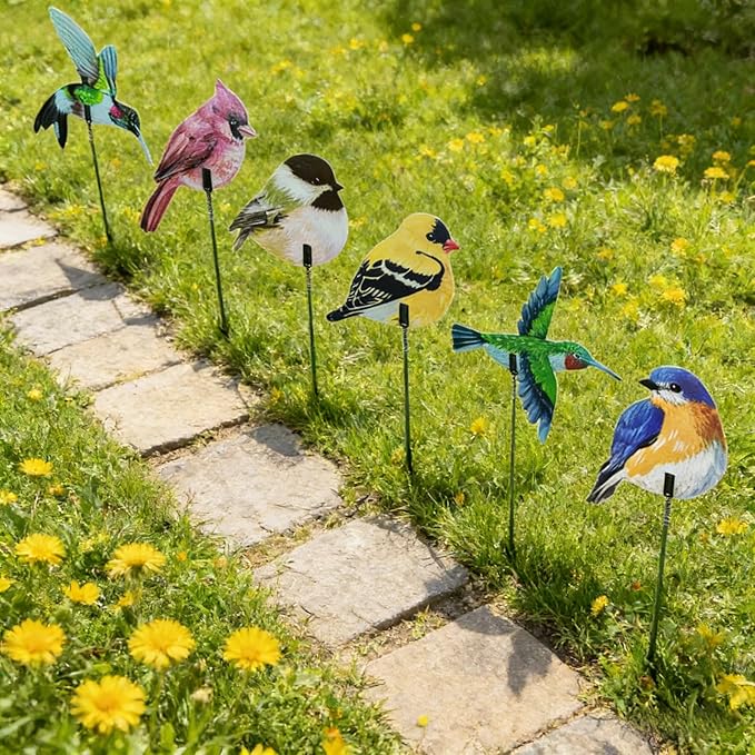 24PCS Bird Garden Stakes Decoration, 2D Flat Vibrant Bird Yard Decoration, Durable Weather Resistant Spring Garden Decorations for Crafts Outdoor Wall Patio Plant Yard Decor