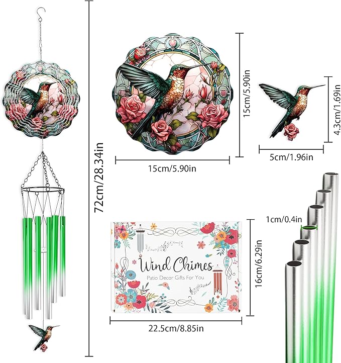 Hummingbird Wind Chimes with Wind Spinner, Mothers Day Birthday Gifts for Women Mom Friends Teacher, Humming Bird Windchimes, Outdoor Hanging Decor for Garden Patio Backyard Porch