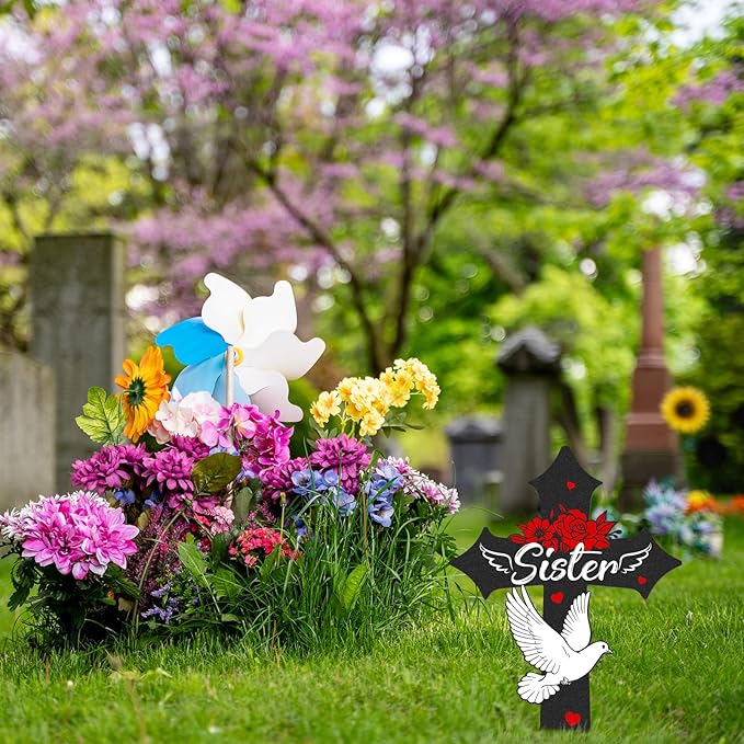 Rngmsi Cross Grave Decorations for Cemetery, Sympathy Memorial Stakes for Loss of Sister, Metal Grave Markers for Cemetery for Sister Outdoors Yard Garden (12 X 7.5 Inches)