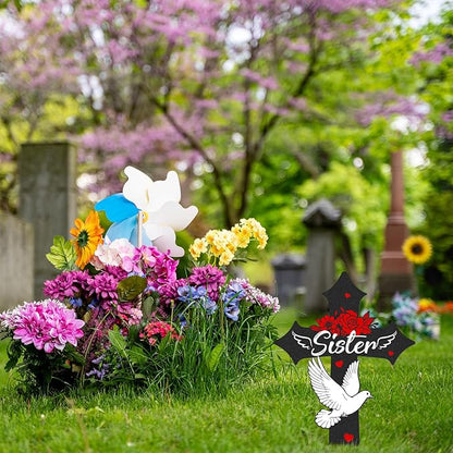 Rngmsi Cross Grave Decorations for Cemetery, Sympathy Memorial Stakes for Loss of Sister, Metal Grave Markers for Cemetery for Sister Outdoors Yard Garden (12 X 7.5 Inches)