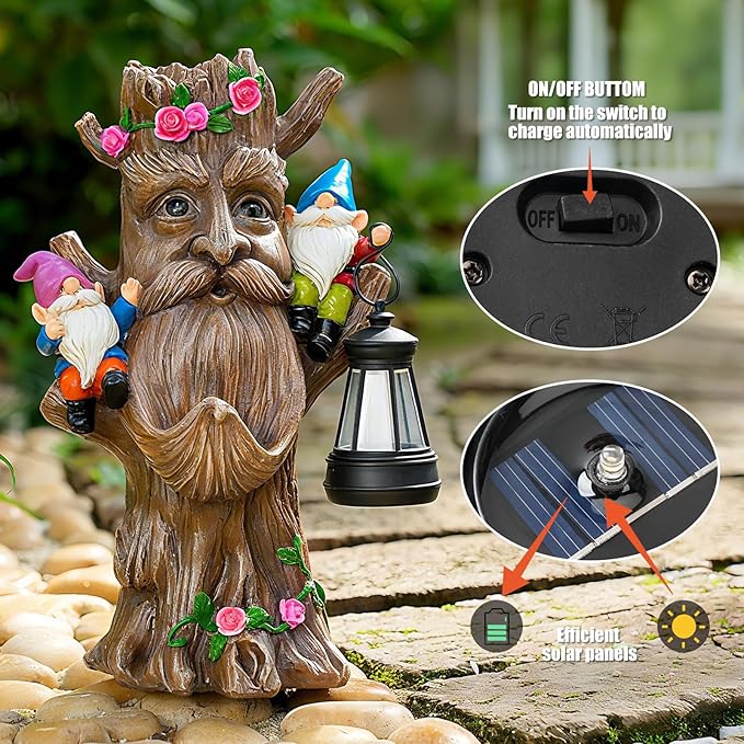 Joint Honglin Whimsical Tree Ent Garden Statue with Gnomes – Solar Powered Outdoor Decor with LED Lantern, Funny Yard Ornament for Lawn, Patio, Porch, or Garden