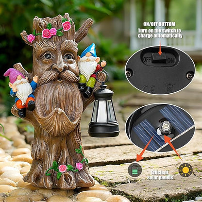 Joint Honglin Whimsical Tree Ent Garden Statue with Gnomes – Solar Powered Outdoor Decor with LED Lantern, Funny Yard Ornament for Lawn, Patio, Porch, or Garden