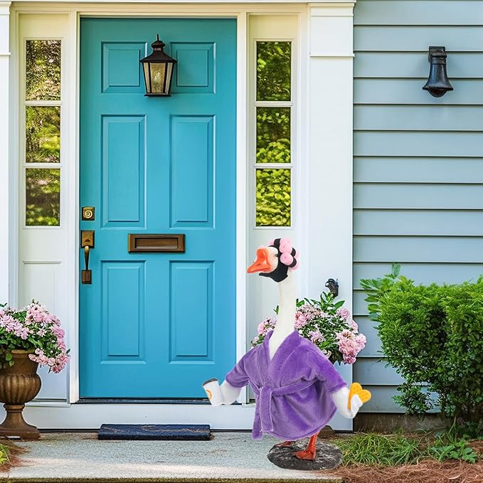 Porch Goose Outfit Fall Costume for 23'' Cement Goose Statue Winter Porch Goose Clothes Mamma Robe Self Care Outfit with Bathrobe Coffee Curlers for Outdoor Garden Yard Lawn Patio Decoration(Purple)