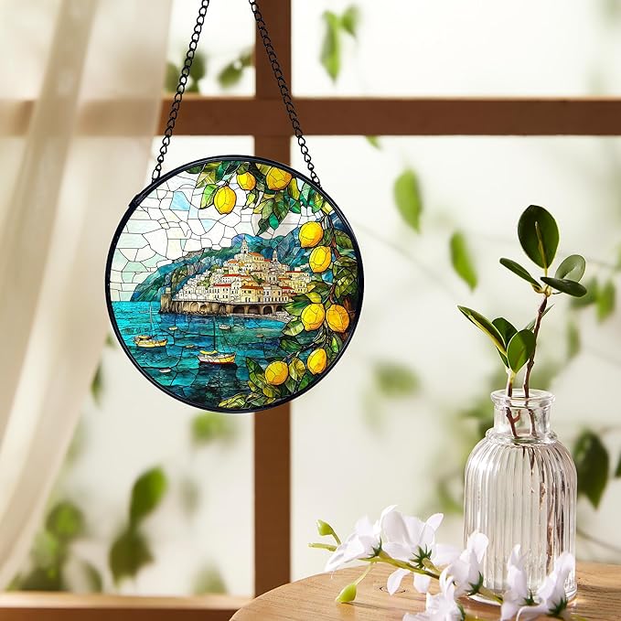 Italian Lemon Amalfi Coast Suncatchers Stained Glass Window Hanging, Summer Beach Lemon Sun Catchers Indoor Window Glass Round Wall Decor, Mediterranean Wall Hanging Decorations, 7.9x7.9in