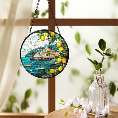 Italian Lemon Amalfi Coast Suncatchers Stained Glass Window Hanging, Summer Beach Lemon Sun Catchers Indoor Window Glass Round Wall Decor, Mediterranean Wall Hanging Decorations, 7.9x7.9in