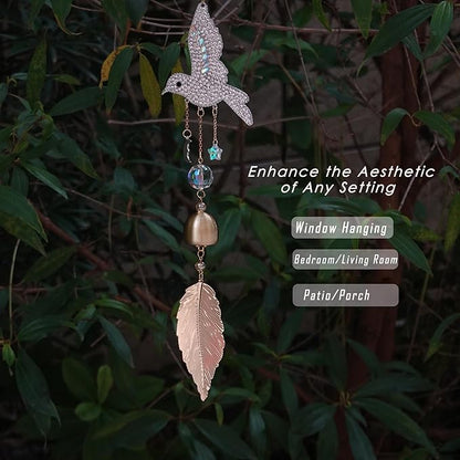 Hummingbird Rhinestones Hanging Bell for Window Decor - Wind Chime with Suncatcher for Patio Hallway Indoor Home Decor - Fengshui Hanging Bell Chimes for Good Luck