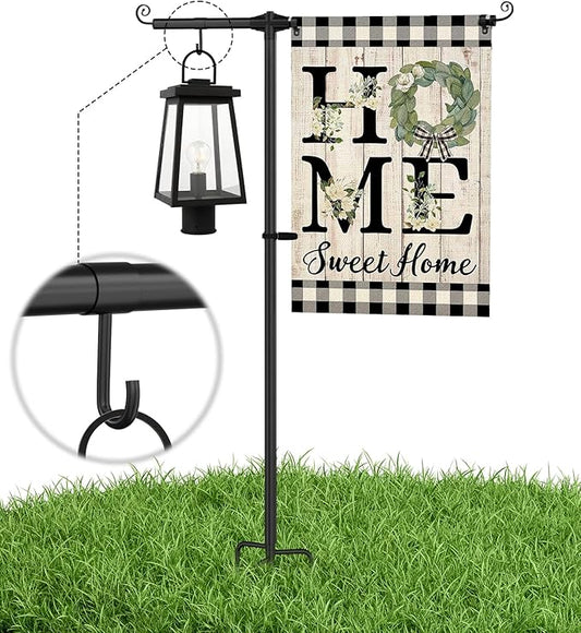 Garden Flag Stand Holder with Shepherd Hooks for 12 x 18 Flag, 51 Inch Height with 3/4 Inch Extra Thick Heavy Duty Garden Flag Pole with 4 Prong Base for Outside Home Yard Patio Decor