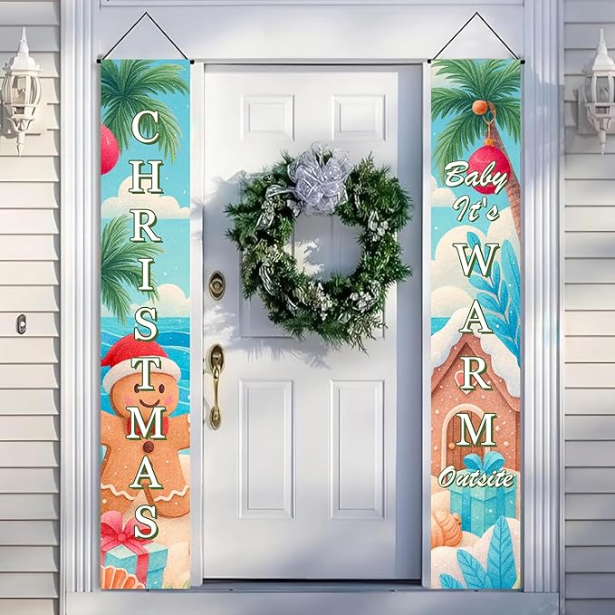 BlissYard Tropical Christmas Porch Banners 12x71 Inch Merry Christmas Door Banner Beach Gingerbread Man House Poinsettia Decor Xmas Welcome Hanging Signs Warm Weather Holiday Home Decor for Front Door Party Outdoor Decoration