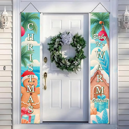 BlissYard Tropical Christmas Porch Banners 12x71 Inch Merry Christmas Door Banner Beach Gingerbread Man House Poinsettia Decor Xmas Welcome Hanging Signs Warm Weather Holiday Home Decor for Front Door Party Outdoor Decoration