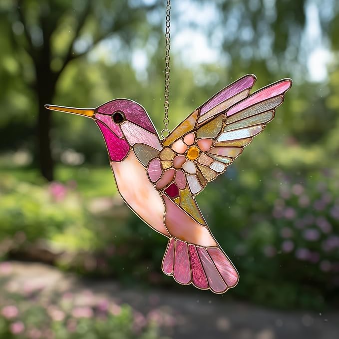 Pink Hummingbird Handmade Resin Suncatchers, Artisan Sun Catcher Stained Glass Effect Window Hummingbird Ornaments Window Hanging Garden Decor, Gifts for Mother's Day, Mom, Grandma, Wife, Women