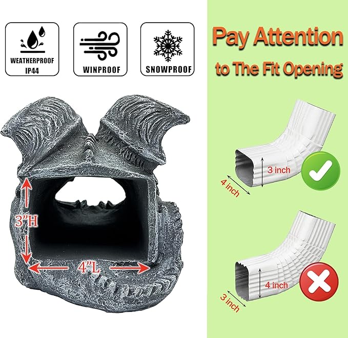 Gothic Gargoyle Gutter Guardian Rain Downspout Extension Outdoor Statue, 12 Inch High, Cast Stone Resin, Grey Stone Finish for 3"x4" Decorative Gutter Extension