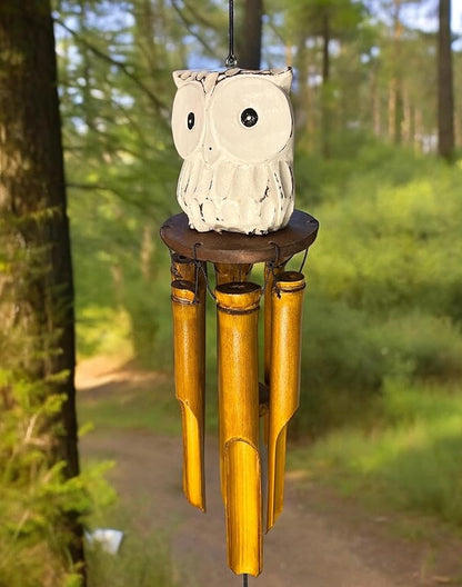 Big Eyed Owl Carved Wood and Bamboo Windchime – Distressed White Finish Hanging Outdoor Garden – Relaxing Calming Deep Tones