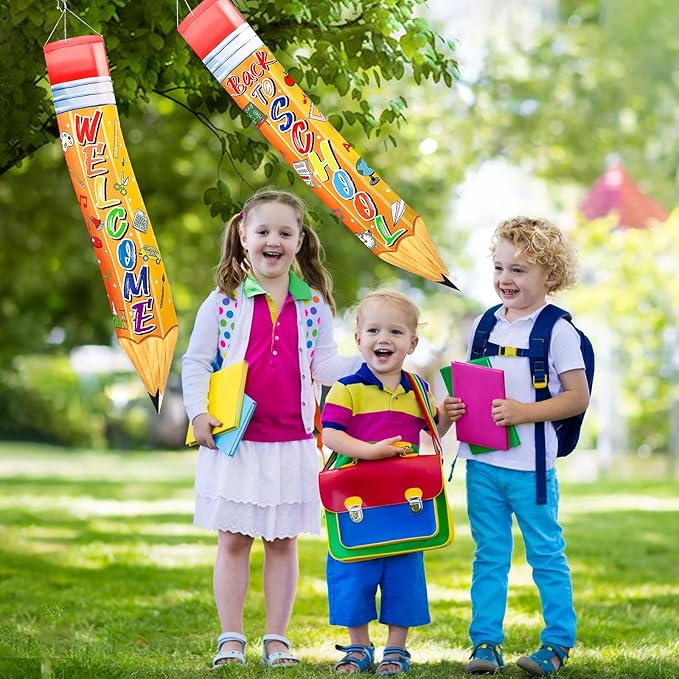 NOVWANG 2 Pcs Back to School Windsocks, Pencil Windsock First Day of School Hanging Flag Welcome Classroom Party Decorations for Office Garden Lawn Outdoor