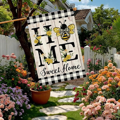 ORTIGIA Home Sweet Home Bee House Flag Double Sided 28x40 Inch, Spring Summer Yellow Flower Buffalo Plaid Check Large Yard Flag Burlap Farmhouse Rustic Outside Outdoor Lawn Patio Decor