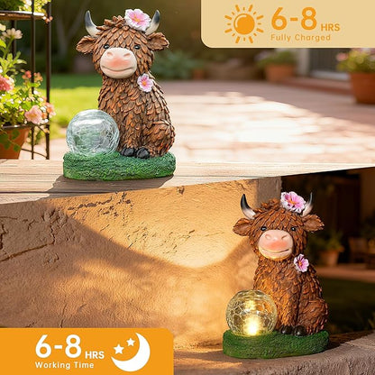 Garden Highland Cow Statue Solar Outdoor Decor with Glass Ball Highland Cow Decor Unique Gifts for Women Mom,Highland Cows Figurine for Yard Garden Patio Lawn Ornaments