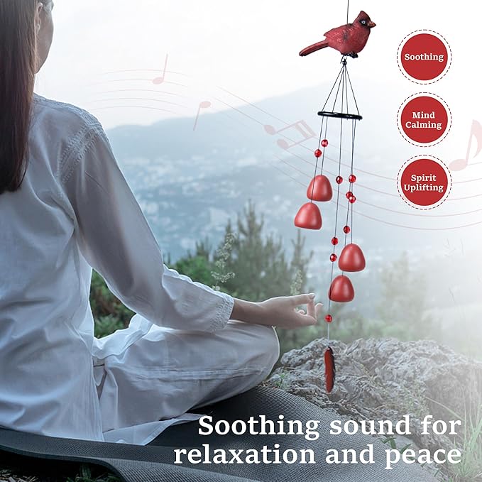 Cardinal Wind Chimes for Outside，Red Bird Wind Chimes Outdoor Decorations, for Mom/Grandma，Garden Patio Backyard Hanging Decor.