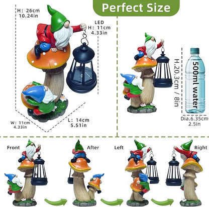 YUETJIN Funny Garden Gnomes Outdoor Climbing on Mushroom with Holding a Solar LED Lantern Resin Mushroom Statue for Patio Yard Lawn Porch Decor