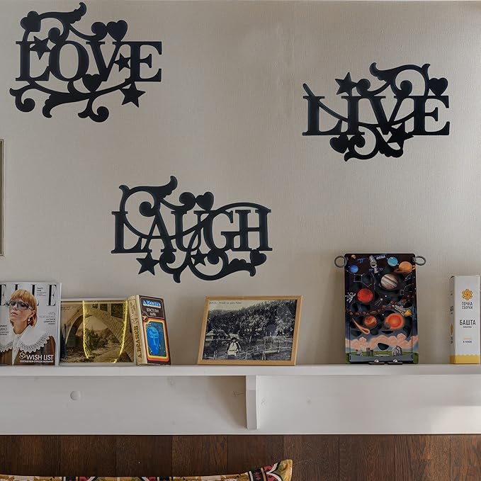 Manortang Metal Wall Decor LOVE LIVE LAUGH Kitchen Wall Art Decor, Matte Black Silhouette Wall Hanging Decoration Sign Wall Valentine for Living Room Bedroom Kitchen Indoor Decoration, Set of 3