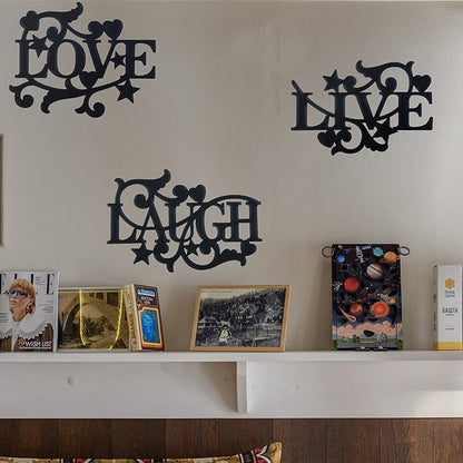 Manortang Metal Wall Decor LOVE LIVE LAUGH Kitchen Wall Art Decor, Matte Black Silhouette Wall Hanging Decoration Sign Wall Valentine for Living Room Bedroom Kitchen Indoor Decoration, Set of 3