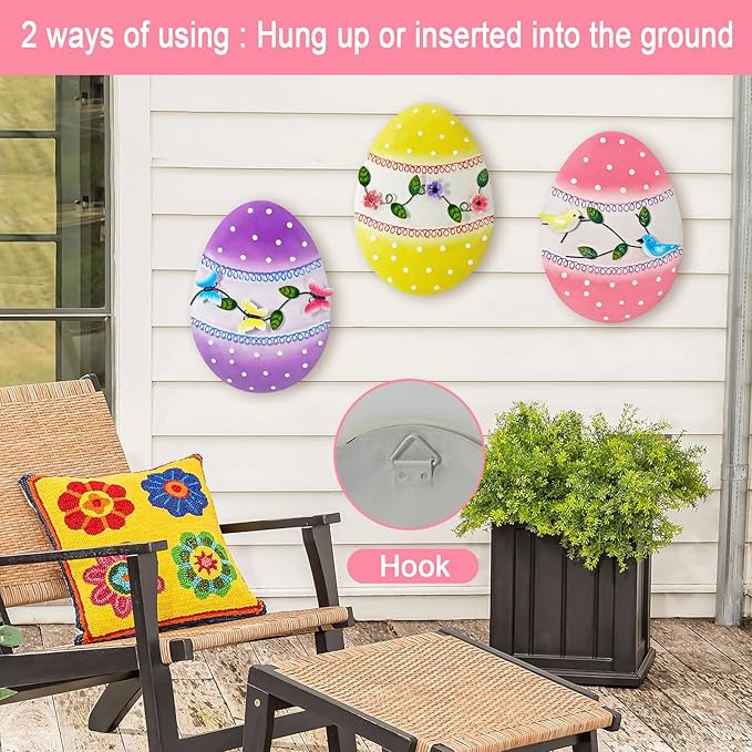 Easter Decorations Outdoor,3 Pack Metal Egg Yard Stake Signs for Outside,Cute Easter Happy Eggs Decorations Outdoor for Lawn,Garden Stakes for Spring