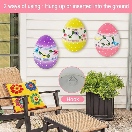Easter Decorations Outdoor,3 Pack Metal Egg Yard Stake Signs for Outside,Cute Easter Happy Eggs Decorations Outdoor for Lawn,Garden Stakes for Spring