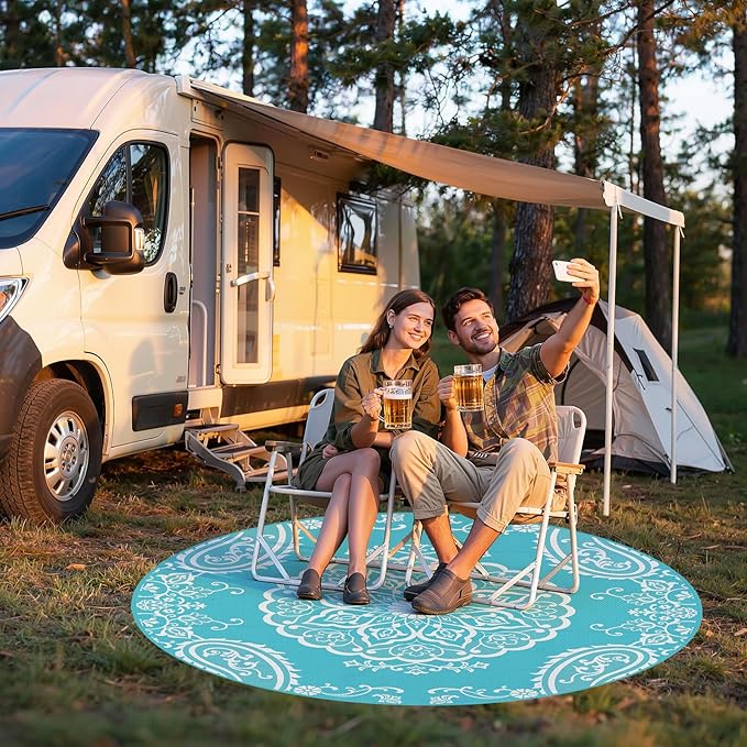 Pauwer Waterproof Outdoor Rug 6ft, Reversible Plastic Straw Patio Camping Rug, Indoor Outdoor RV Mat Carpet for Deck, Camper, Porch, Balcony, Backyard, Picnic, Boho Teal