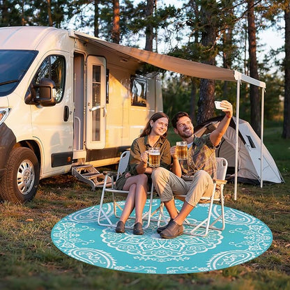 Pauwer Waterproof Outdoor Rug 6ft, Reversible Plastic Straw Patio Camping Rug, Indoor Outdoor RV Mat Carpet for Deck, Camper, Porch, Balcony, Backyard, Picnic, Boho Teal