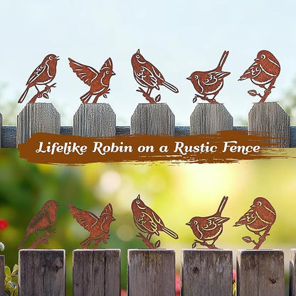 5PCS Rusty Birds Decoration, Outdoor Birds Wall Decor, Backyard Garden Decor for Outside, Rustic Yard Fence Decorations - Metal Yard Art, Birds Craft Sculptures and Statues Ornaments, Robins