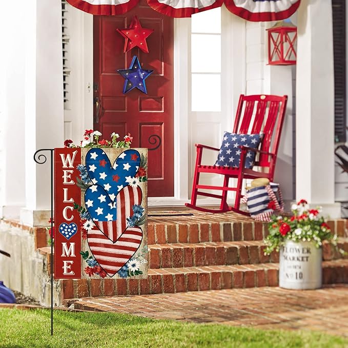 AVOIN colorlife Patriotic 4th of July Welcome Garden Flag 12x18 Inch Double Sided, Memorial Day Independence Day American Stars and Stripes Love Heart Yard Outdoor Decoration