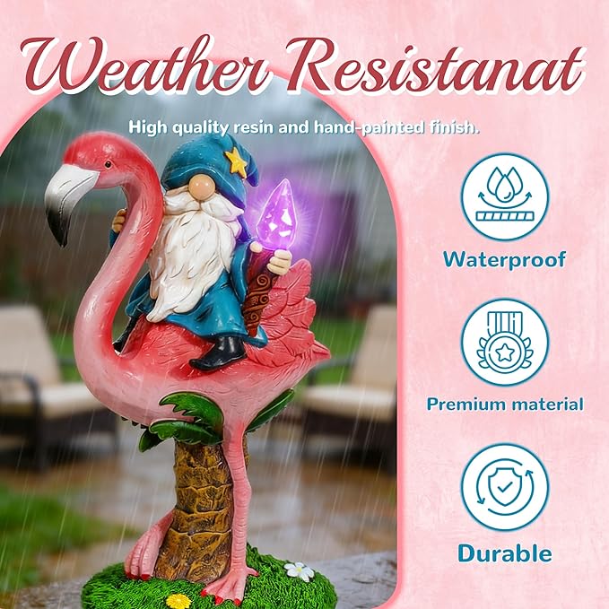 Flamingo Gnome Solar Outdoor Statue - Garden, Yard, Lawn, Patio Decor - Unique Birthday Housewarming Gift for Women, Mom, Grandma