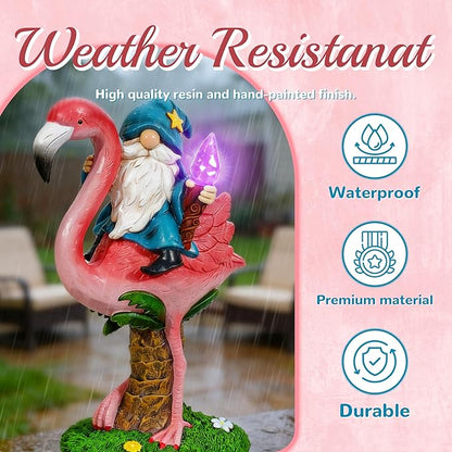 Flamingo Gnome Solar Outdoor Statue - Garden, Yard, Lawn, Patio Decor - Unique Birthday Housewarming Gift for Women, Mom, Grandma