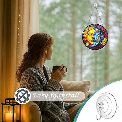 Stained Glass Moon and Sun Suncatcher with Hook and Chain, Handmade Window Hanging for Home and Garden, for Christmas, Party, Wedding, Birthday