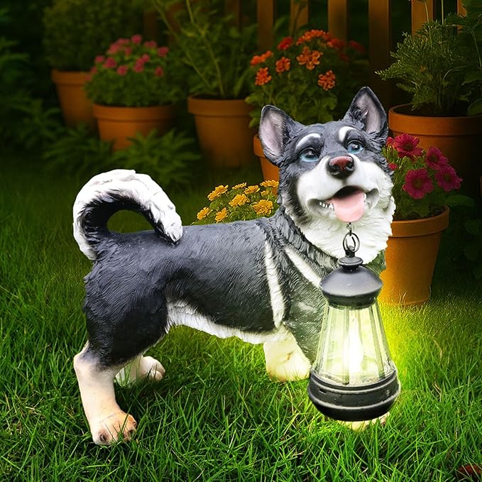 Outdoor Husky Dog Statue with Interchangeable Welcome sign and Detachable Solar Lantern –LED Light Garden Dog Sculpture Décor Garden Statue Outdoor dog statueCute Puppy Design for Yard Porch Gift