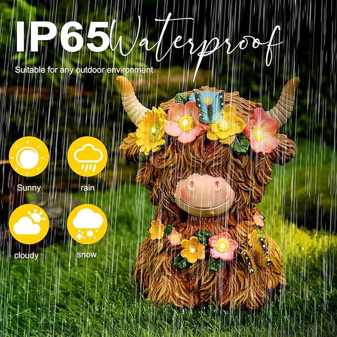 Colingmill Highland Cow Solar Statue Outdoor Decor Resin Highland Cow Figurine with Flower Gifts for Women Mom for Spring Yard Garden Lawn Ornaments, Calf Gnome Herd Lovers(Bright)