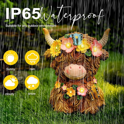 Colingmill Highland Cow Solar Statue Outdoor Decor Resin Highland Cow Figurine with Flower Gifts for Women Mom for Spring Yard Garden Lawn Ornaments, Calf Gnome Herd Lovers(Bright)