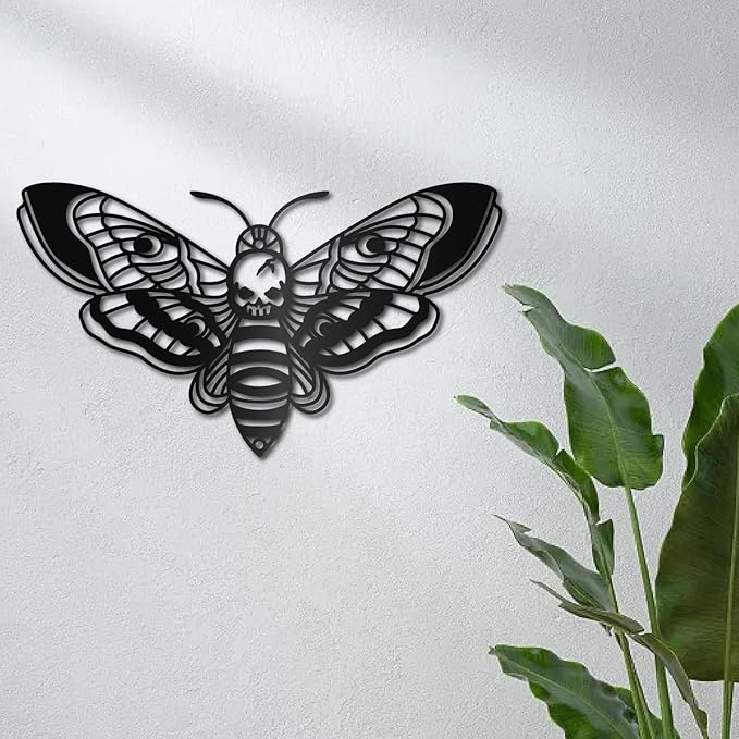CREATCABIN Death Head Moth Metal Wall Decor Black Skull Metal Wall Art Hanging Ornament Iron Moth Wall Decoration Sculpture Butterfly Gothic Wall Decor for Modern Farmhouse Rustic Home 12 x 6.7Inch