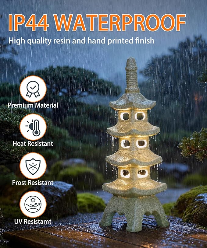 Nacome Solar Pagoda Garden Statues: 15.7 inches Multi-Layer Outdoor Waterproof Resin Zen Decor for Landscape Balcony Patio Porch Yard Ornament(Gray)