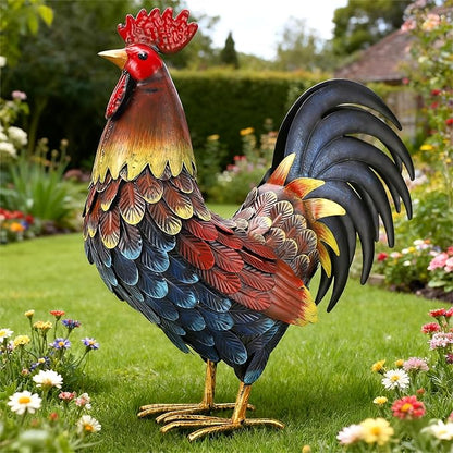 chisheen Rooster Decor Garden Statue Metal Chicken Yard Art Sculpture Outdoor Figurines