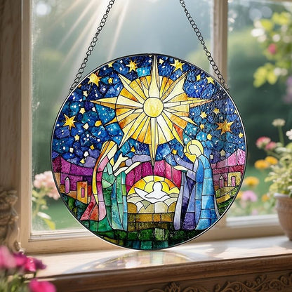 8'' Stained Glass Window Hanging, Nativity Scene Christmas Ornament, Christian Ornament, Sun Catcher Window Decor, Religious Holiday Decor, Gifts for Christmas, Religious Gift, Christian Gift