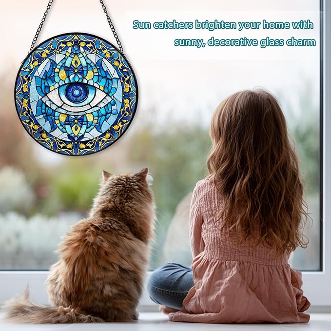 Evil Eye Stained Glass, Suncatcher for Window Hanging, Decoration for Window Sun Catcher Wall Art for Mom Grandma, Gifts for Spirits Lovers, for Home Yard Office Decor