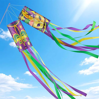 2 Pieces 40 Inches Mardi Gras Windsocks, Purple Green Yellow Flag Windsock Flag Mardi Gras Hanging Outdoor Decorations for Tree Home Garden Yard Patio Porch Lawn Holiday Party