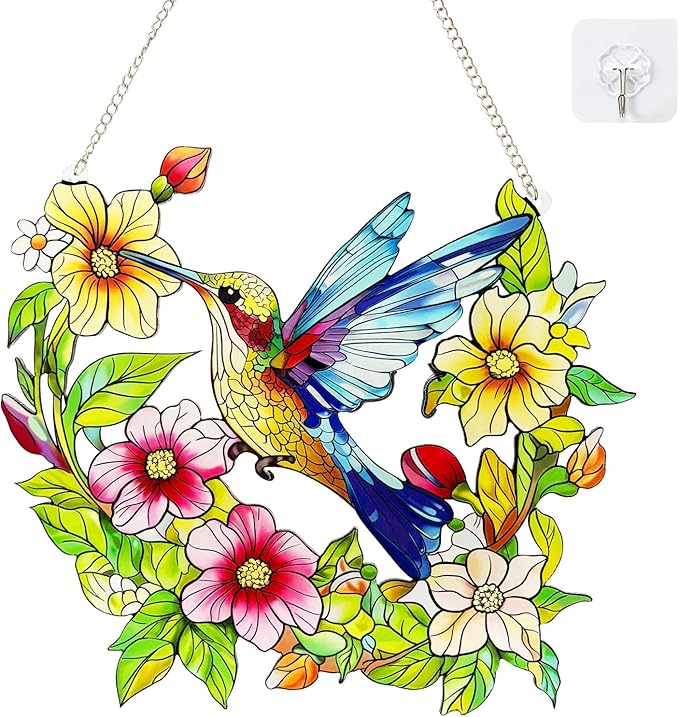 Stained Glass Window Hanging Hummingbird and Flower Suncatcher, Marzovitra 10 Inch Colorful Window Art Bird Sun Catcher for Home Decor, Garden, Patio Gift for Nature and Bird Lovers (Blue Hummingbird)