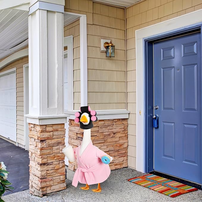 Shyyween Lady Porch Goose Outfits for 23'' Cement Plastic Geese Summer Statue Clothes Pink Bathrobe Coffee Cup Curlers for Outdoor Garden Lawn Yard Patio Decoration