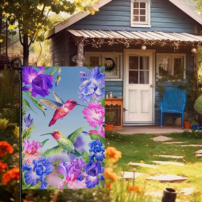 Hummingbirds Garden Flag Double Sided Blue and Red Iris Yard Flag Flowers Floral Birds Leaves Garden Flags Banner for Spring Summer Farmhouse Home Outdoor Decor 12 x 18 Inch