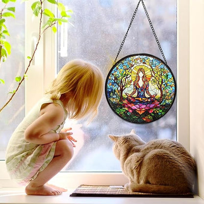 Bimkole Relaxing Woman Stained Glass Suncatcher Window Hanging - Yoga Design for Indoor Window or Doorway Decoration - 7.87x7.87 inch with Chain and Hook - Unique Home Decor Gift