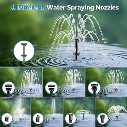 POPOSOAP 8W Solar Fountain Pump with Built-in 3600mAh Battery, Solar Powered Bird Bath Fountain with Dry-run Protection & Double-layer Nozzles 5Ft Tubing for Pond, Bird Bath, Backyard Water Feature